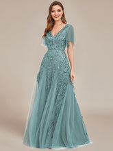 Load image into Gallery viewer, Color=Dusty Blue | Deep V Neck Wholesale Sequin Evening Gown With Short Sleeves-Dusty Blue