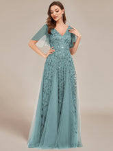 Load image into Gallery viewer, Color=Dusty Blue | Deep V Neck Wholesale Sequin Evening Gown With Short Sleeves-Dusty Blue