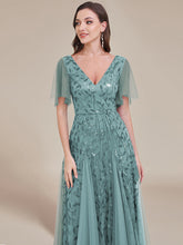 Load image into Gallery viewer, Color=Dusty Blue | Deep V Neck Wholesale Sequin Evening Gown With Short Sleeves-Dusty Blue