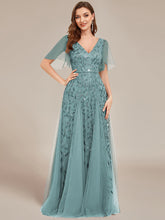 Load image into Gallery viewer, Color=Dusty Blue | Deep V Neck Wholesale Sequin Evening Gown With Short Sleeves-Dusty Blue