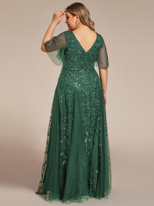 Color=Eucalyptus | Wholesale Pricing Short Sleeve Ruffle Sequin Deep V-Neck A-Line Floor Length Evening Dresses-Eucalyptus 17