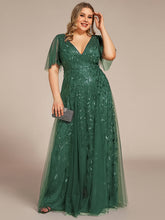 Load image into Gallery viewer, Color=Eucalyptus | Wholesale Pricing Short Sleeve Ruffle Sequin Deep V-Neck A-Line Floor Length Evening Dresses-Eucalyptus 20