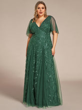 Load image into Gallery viewer, Color=Eucalyptus | Wholesale Pricing Short Sleeve Ruffle Sequin Deep V-Neck A-Line Floor Length Evening Dresses-Eucalyptus 16