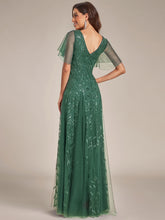 Load image into Gallery viewer, Color=Eucalyptus | Wholesale Pricing Short Sleeve Ruffle Sequin Deep V-Neck A-Line Floor Length Evening Dresses-Eucalyptus 12