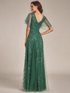 Color=Eucalyptus | Wholesale Pricing Short Sleeve Ruffle Sequin Deep V-Neck A-Line Floor Length Evening Dresses-Eucalyptus 12