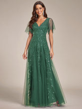 Load image into Gallery viewer, Color=Eucalyptus | Wholesale Pricing Short Sleeve Ruffle Sequin Deep V-Neck A-Line Floor Length Evening Dresses-Eucalyptus 14