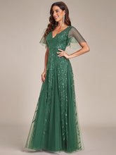 Load image into Gallery viewer, Color=Eucalyptus | Wholesale Pricing Short Sleeve Ruffle Sequin Deep V-Neck A-Line Floor Length Evening Dresses-Eucalyptus 15
