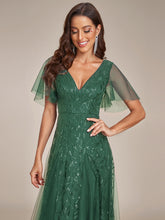 Load image into Gallery viewer, Color=Eucalyptus | Wholesale Pricing Short Sleeve Ruffle Sequin Deep V-Neck A-Line Floor Length Evening Dresses-Eucalyptus 13