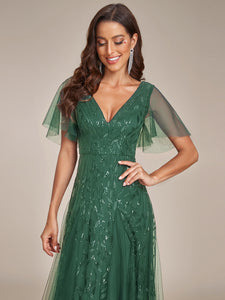 Color=Eucalyptus | Wholesale Pricing Short Sleeve Ruffle Sequin Deep V-Neck A-Line Floor Length Evening Dresses-Eucalyptus 13
