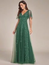 Load image into Gallery viewer, Color=Eucalyptus | Wholesale Pricing Short Sleeve Ruffle Sequin Deep V-Neck A-Line Floor Length Evening Dresses-Eucalyptus 11