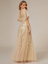 Load image into Gallery viewer, Color=Gold | Deep V Neck Wholesale Sequin Evening Gown With Short Sleeves-Gold 2