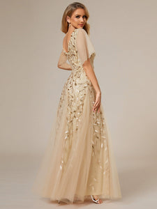 Color=Gold | Deep V Neck Wholesale Sequin Evening Gown With Short Sleeves-Gold 2