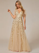 Load image into Gallery viewer, Color=Gold | Deep V Neck Wholesale Sequin Evening Gown With Short Sleeves-Gold 3