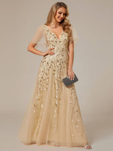Load image into Gallery viewer, Color=Gold | Deep V Neck Wholesale Sequin Evening Gown With Short Sleeves-Gold 4