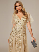 Load image into Gallery viewer, Color=Gold | Deep V Neck Wholesale Sequin Evening Gown With Short Sleeves-Gold 5