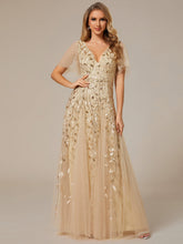 Load image into Gallery viewer, Color=Gold | Deep V Neck Wholesale Sequin Evening Gown With Short Sleeves-Gold 1