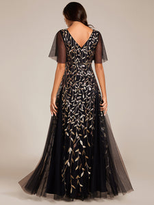 Color=Blackgolden | Romantic Shimmery V Neck Ruffle Sleeves Maxi Long Evening Gowns-Silver 