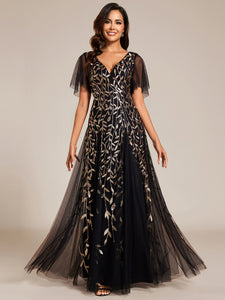 Color=Blackgolden | Romantic Shimmery V Neck Ruffle Sleeves Maxi Long Evening Gowns-Silver 