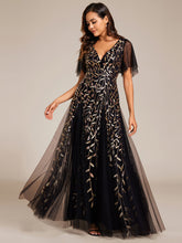 Load image into Gallery viewer, Color=Blackgolden | Romantic Shimmery V Neck Ruffle Sleeves Maxi Long Evening Gowns-Silver 