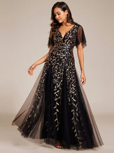 Color=Blackgolden | Romantic Shimmery V Neck Ruffle Sleeves Maxi Long Evening Gowns-Silver 