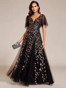 Color=Blackgolden | Romantic Shimmery V Neck Ruffle Sleeves Maxi Long Evening Gowns-Silver 