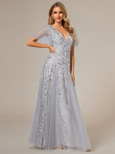 Load image into Gallery viewer, Color=Silver | Deep V Neck Wholesale Sequin Evening Gown With Short Sleeves-Silver 