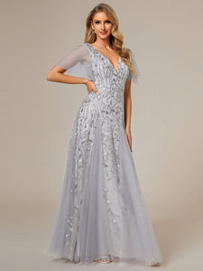 Color=Silver | Deep V Neck Wholesale Sequin Evening Gown With Short Sleeves-Silver 