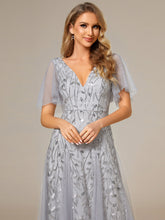 Load image into Gallery viewer, Color=Silver | Deep V Neck Wholesale Sequin Evening Gown With Short Sleeves-Silver 
