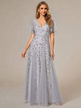 Load image into Gallery viewer, Color=Silver | Deep V Neck Wholesale Sequin Evening Gown With Short Sleeves-Silver 