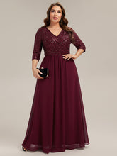 Load image into Gallery viewer, Color=Burgundy | B2B-Exclusive Half Sleeve V-Neck Sequin A-Line Floor Length Evening Dresses-Burgundy 10