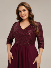 Load image into Gallery viewer, Color=Burgundy | B2B-Exclusive Half Sleeve V-Neck Sequin A-Line Floor Length Evening Dresses-Burgundy 8