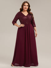 Load image into Gallery viewer, Color=Burgundy | B2B-Exclusive Half Sleeve V-Neck Sequin A-Line Floor Length Evening Dresses-Burgundy 6