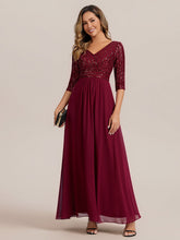 Load image into Gallery viewer, Color=Burgundy | B2B-Exclusive Half Sleeve V-Neck Sequin A-Line Floor Length Evening Dresses-Burgundy 5