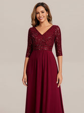 Load image into Gallery viewer, Color=Burgundy | B2B-Exclusive Half Sleeve V-Neck Sequin A-Line Floor Length Evening Dresses-Burgundy 3