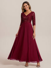 Load image into Gallery viewer, Color=Burgundy | B2B-Exclusive Half Sleeve V-Neck Sequin A-Line Floor Length Evening Dresses-Burgundy 1