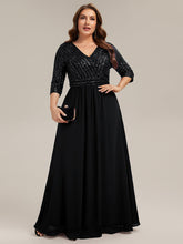 Load image into Gallery viewer, Color=Black | B2B-Exclusive Half Sleeve V-Neck Sequin A-Line Floor Length Evening Dresses-Black 20