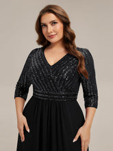 Load image into Gallery viewer, Color=Black | B2B-Exclusive Half Sleeve V-Neck Sequin A-Line Floor Length Evening Dresses-Black 18