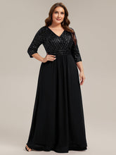 Load image into Gallery viewer, Color=Black | B2B-Exclusive Half Sleeve V-Neck Sequin A-Line Floor Length Evening Dresses-Black 16
