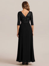 Load image into Gallery viewer, Color=Black | B2B-Exclusive Half Sleeve V-Neck Sequin A-Line Floor Length Evening Dresses-Black 12
