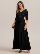 Load image into Gallery viewer, Color=Black | B2B-Exclusive Half Sleeve V-Neck Sequin A-Line Floor Length Evening Dresses-Black 15