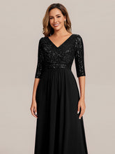 Load image into Gallery viewer, Color=Black | B2B-Exclusive Half Sleeve V-Neck Sequin A-Line Floor Length Evening Dresses-Black 13