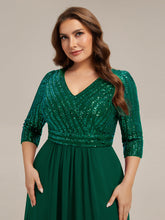 Load image into Gallery viewer, Color=Dark Green | B2B-Exclusive Half Sleeve V-Neck Sequin A-Line Floor Length Evening Dresses-Dark Green 28