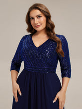 Load image into Gallery viewer, Color=Navy Blue | B2B-Exclusive Half Sleeve V-Neck Sequin A-Line Floor Length Evening Dresses-Navy Blue 38