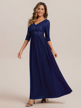 Load image into Gallery viewer, Color=Navy Blue | B2B-Exclusive Half Sleeve V-Neck Sequin A-Line Floor Length Evening Dresses-Navy Blue 34