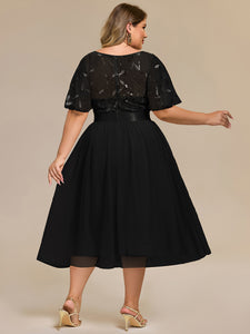 Color=Black | Bulk Order | Fit A-Line Deep V-Neck Evening Gown | Ruffled Short Sleeve Midi Dress-Black 2