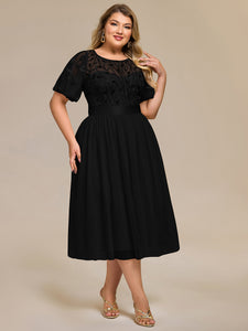 Color=Black | Bulk Order | Fit A-Line Deep V-Neck Evening Gown | Ruffled Short Sleeve Midi Dress-Black 4