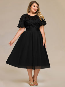 Color=Black | Bulk Order | Fit A-Line Deep V-Neck Evening Gown | Ruffled Short Sleeve Midi Dress-Black 5
