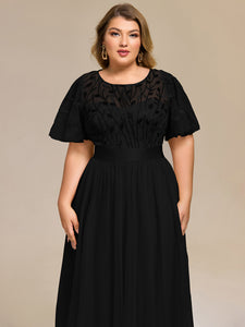 Color=Black | Bulk Order | Fit A-Line Deep V-Neck Evening Gown | Ruffled Short Sleeve Midi Dress-Black 3