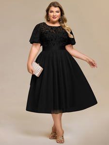 Color=Black | Bulk Order | Fit A-Line Deep V-Neck Evening Gown | Ruffled Short Sleeve Midi Dress-Black 1