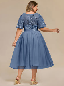 Color=Dusty Blue | Bulk Order | Fit A-Line Deep V-Neck Evening Gown | Ruffled Short Sleeve Midi Dress-Dusty Blue 7